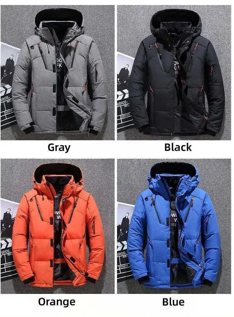 Men's winter duck-down hooded puffer jacket, windproof and warm; four-color set: gray, black, orange, blue