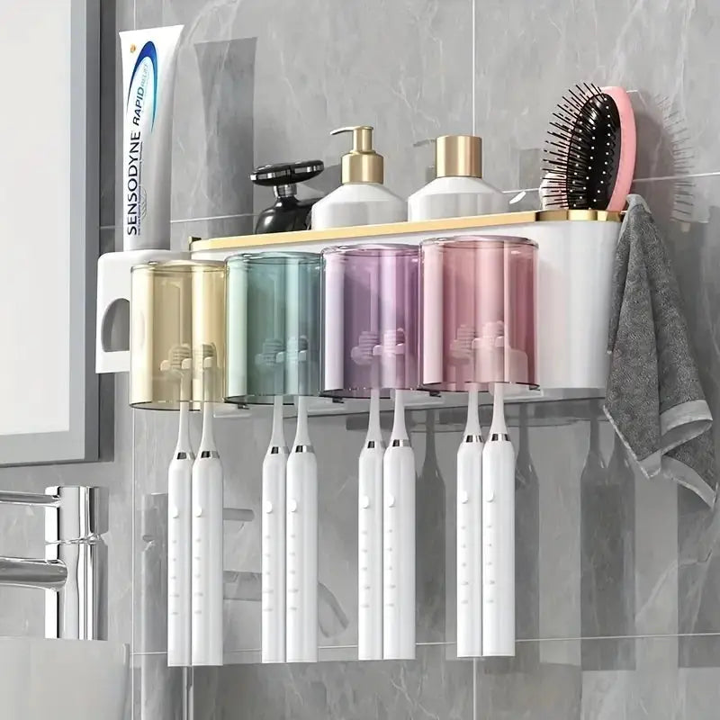BrightNest Toothbrush Holder With Squeezer And Mouthwash Cup Adhesive Mount Perforation Free Design For Home Organizing