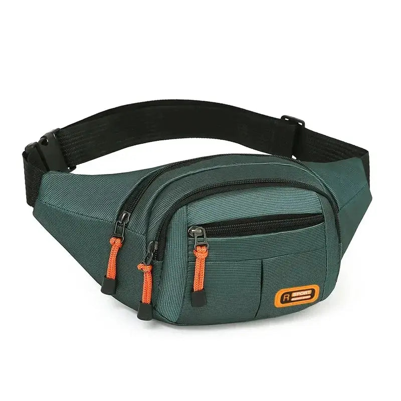 Fanny pack from R SPORT; Oxford waterproof green waist bag with orange zipper pulls and black strap.