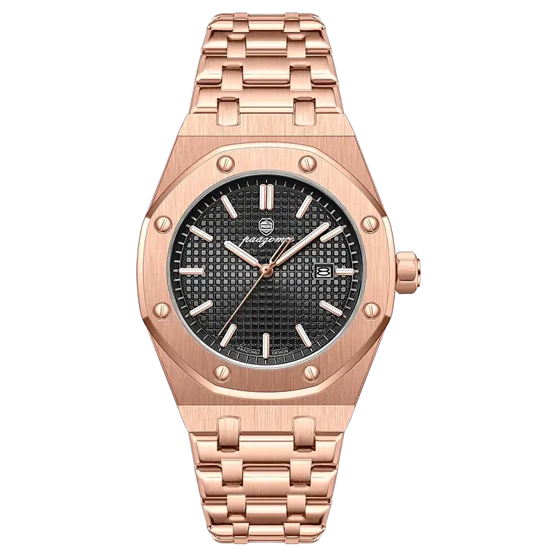 PAAZOMU luxury square men's quartz watch, rose-gold stainless steel with black textured dial and date window.
