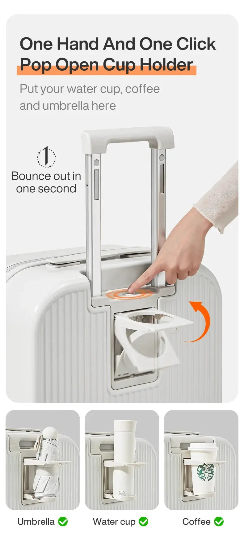 Mixi 2024 hard-shell carry-on suitcase with built-in cup holder; white PC spinner luggage by Simples Market
