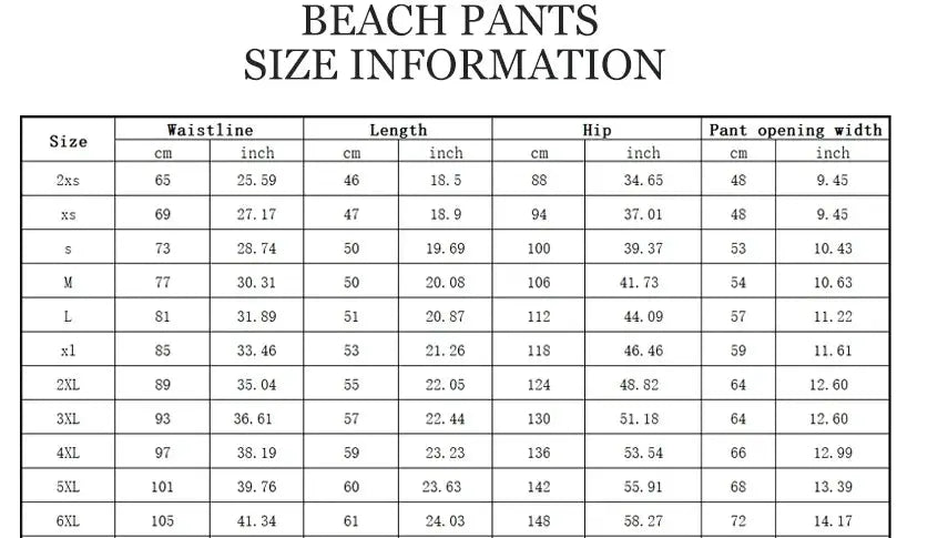 Beach shorts size chart showing waist, length, hip and pant opening width for sizes 2XS-6XL