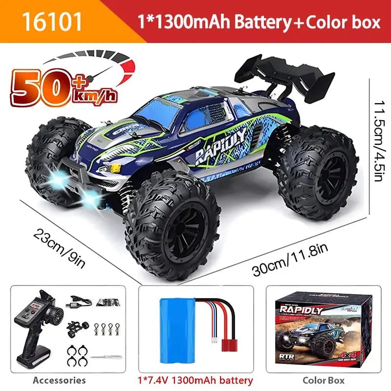 One Sixteenth Scale 4WD RC Monster Truck With LED Lights High Speed Drift 70KMH Or 50KMH Remote Control