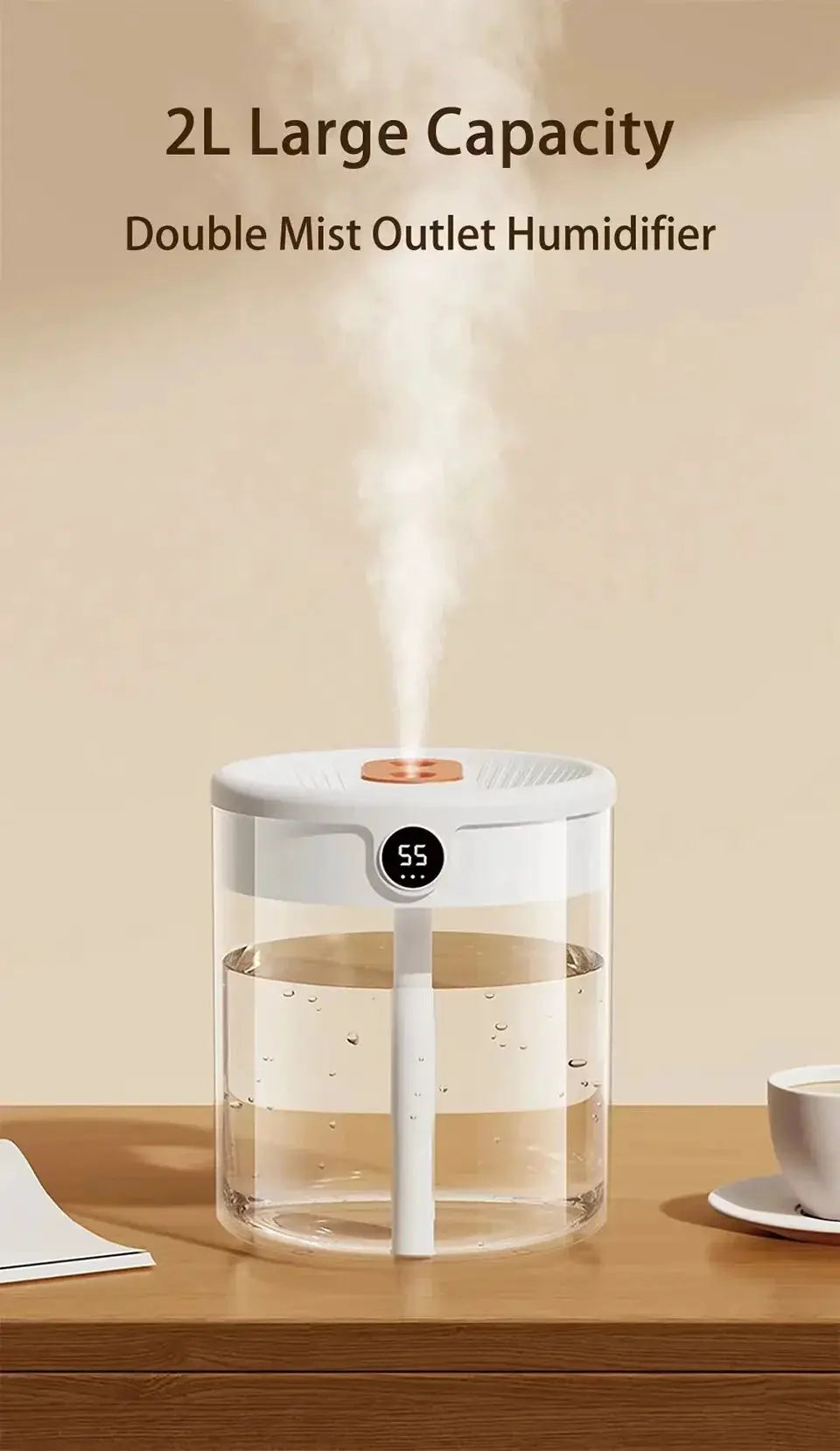 Dual Spray Humidifier USB Large Capacity Home 2L Quiet Bedroom LED Digital Display Night Light Office Desktop Mini Diffuser