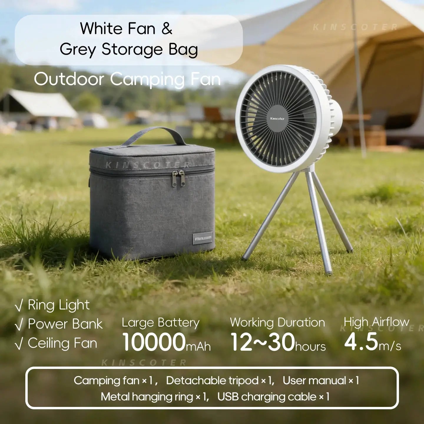Kinscoter white outdoor camping fan on tripod with grey storage bag