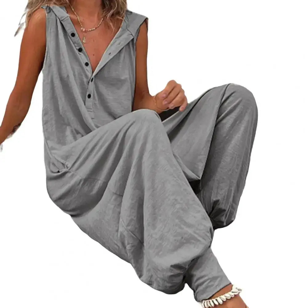 Overalls, gray cotton jumpsuit with button-front and wide-leg pants
