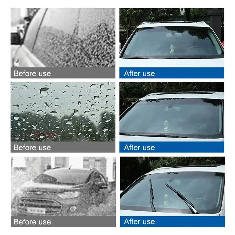 Car windshield washer tablet kit by Simples Market; six-panel before/after cleaning results on windshields and windows.