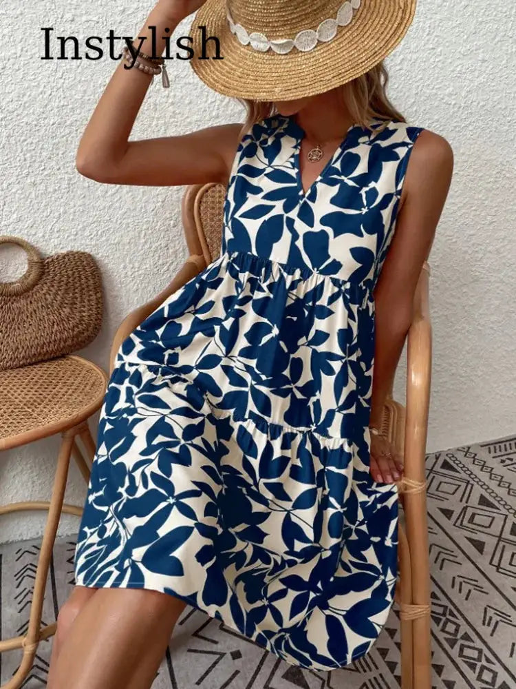 Women Boho Print Mini Dress Sleeveless V Neck Ruffle Beach Sundress