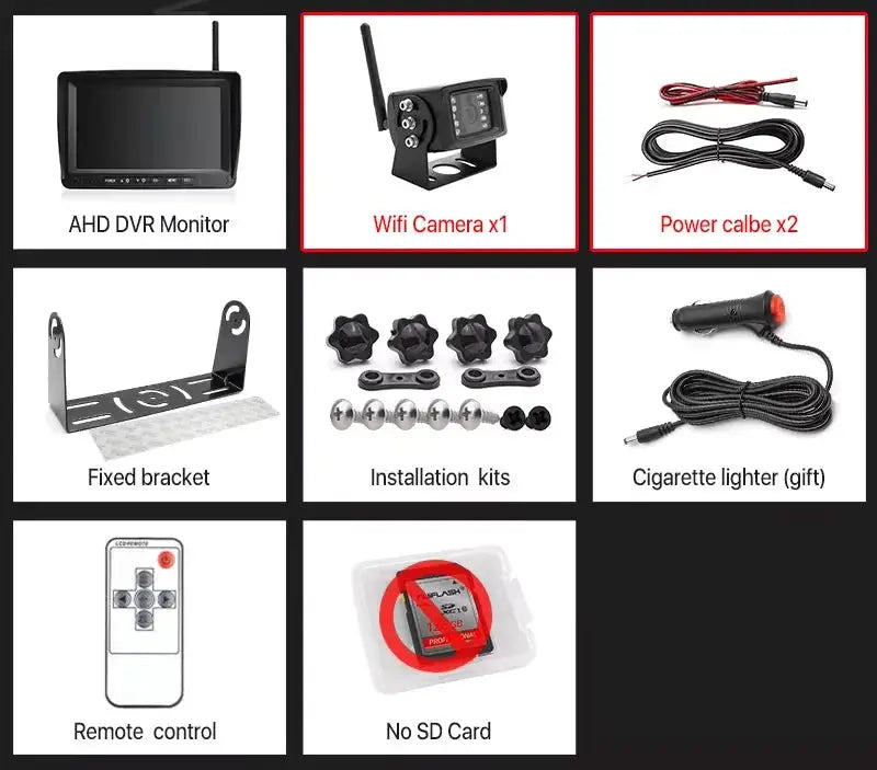 GreenYi 7-inch AHD DVR monitor with wifi camera kit for bus/car, includes power cables, remote and brackets