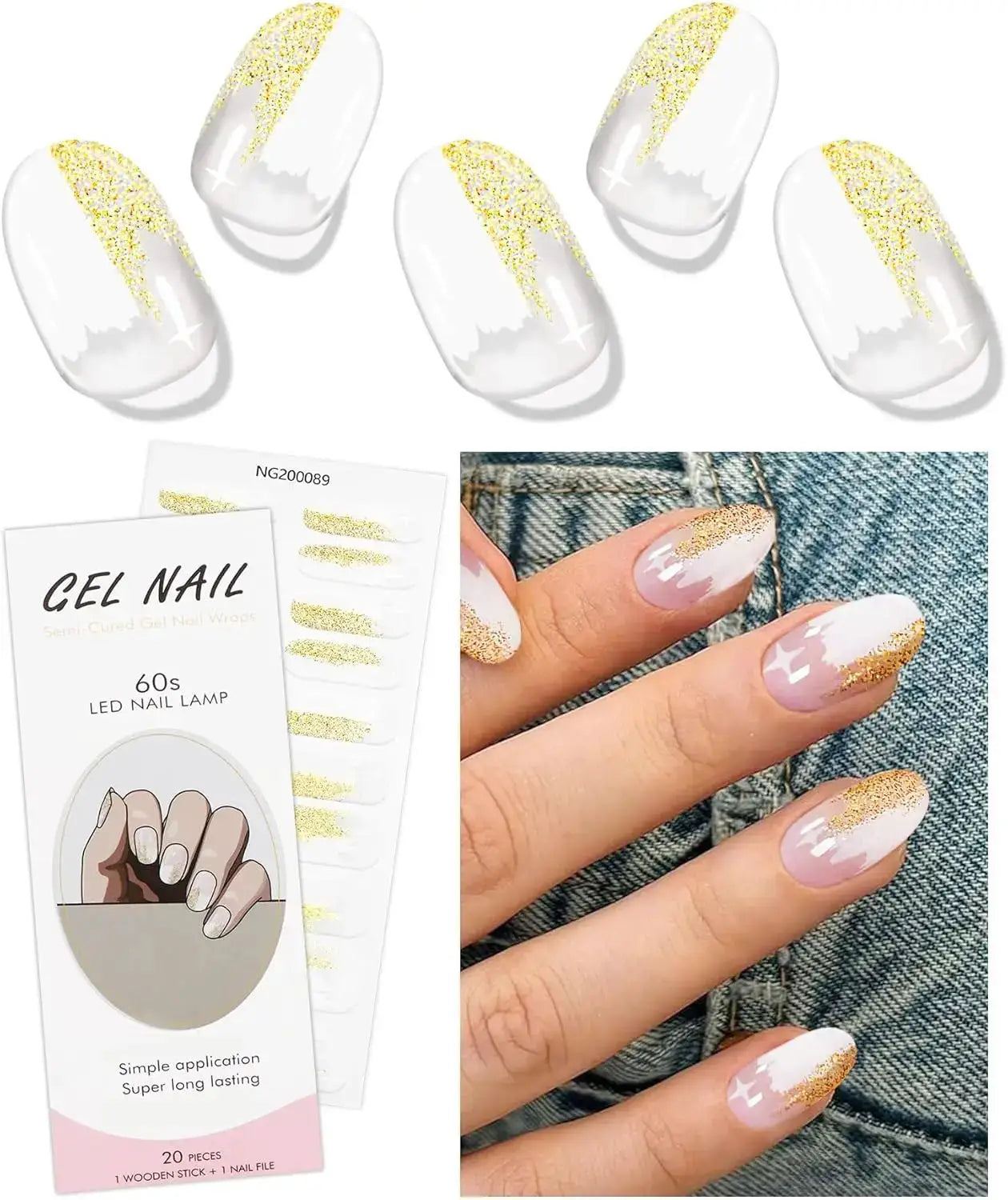 Simples Market gel nail wraps set (20 pcs) with white base and gold glitter tips; full-cover, DIY manicure kit with LED lamp