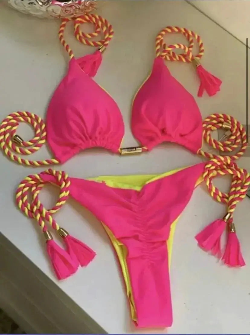 Simples Market two-piece neon pink backless rope triangle bikini set with red-yellow striped ties