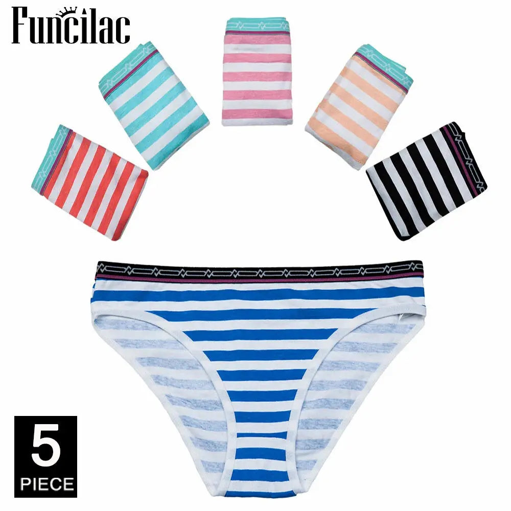 5-piece women's striped cotton bikini underwear set Funclac; blue/white main pair with assorted colors