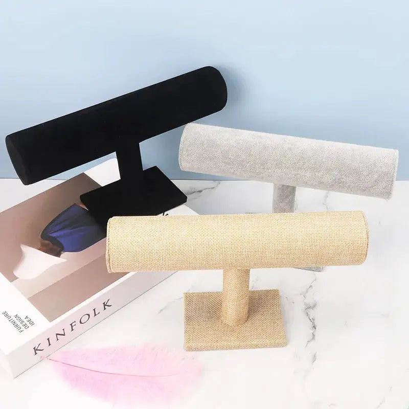 Velvet And Wood Jewelry Display Stand Rack T Bar For Bracelets Watches Necklaces Holder Velvet Interior