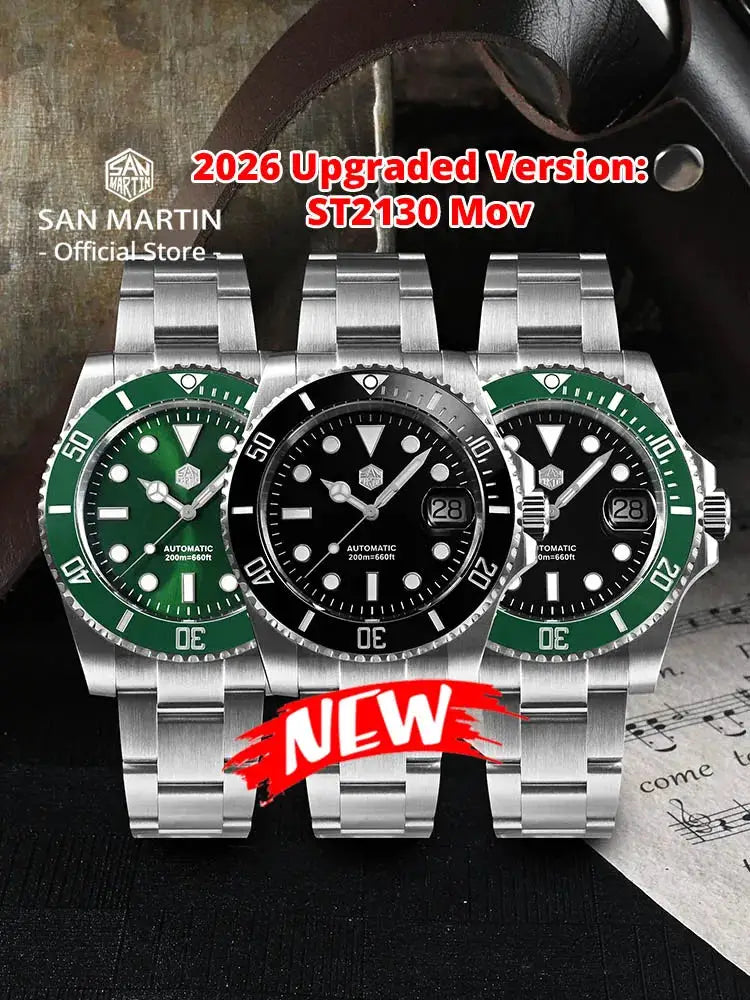 New San Martin 40mm diver watch trio with stainless steel bracelet, green and black bezels, automatic movement