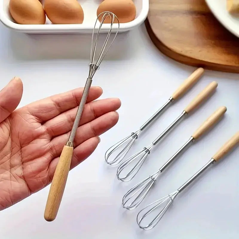 Stainless Steel Mini Egg Beater with Wooden Handle Whisk for Mixing Eggs and Batters Kitchen Baking Tools Set