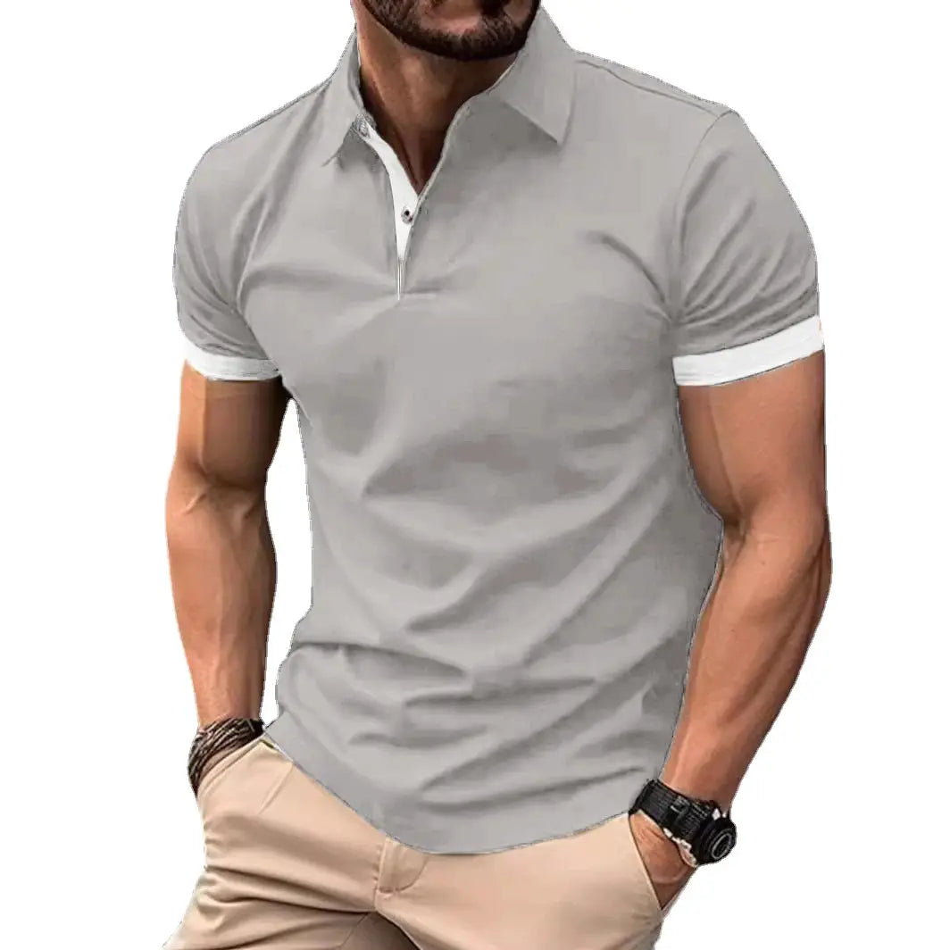 Men's grey polo shirt with white sleeve cuffs and placket trim, lightweight casual top