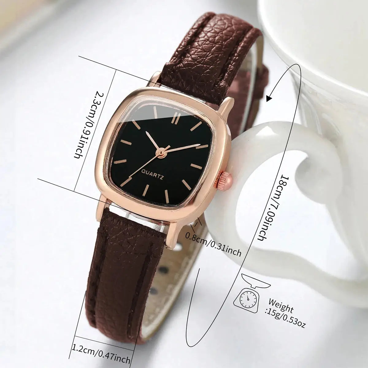 Women's fashion watch with brown leather strap, rose-gold square case, black dial, quartz movement.