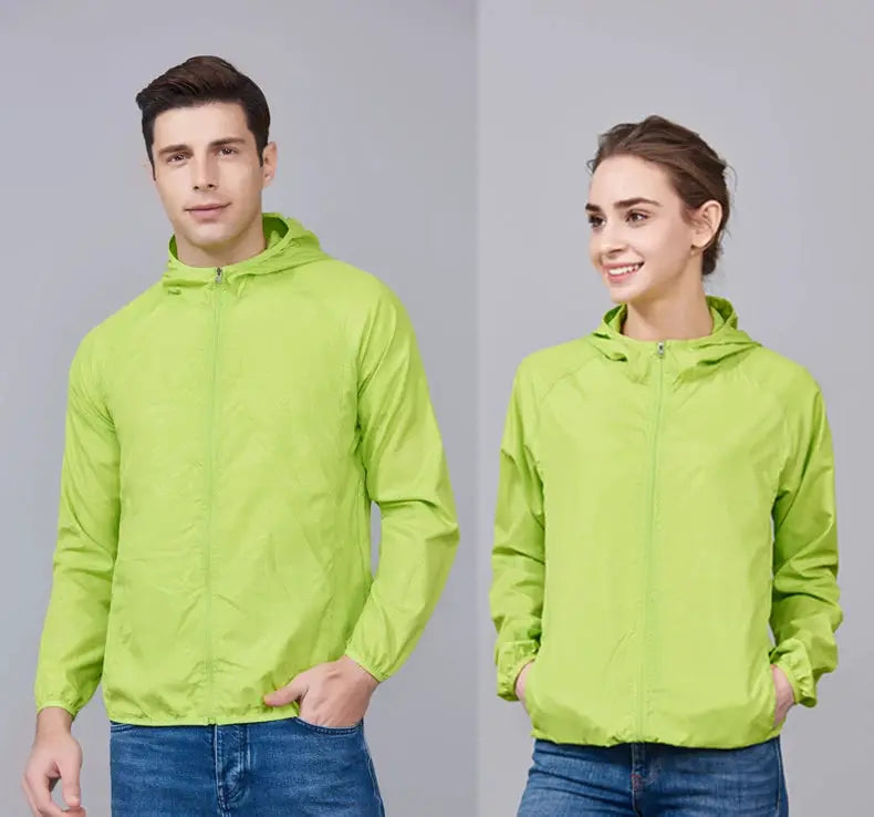 LNGXO waterproof hiking jackets, lime green unisex windbreakers for men and women, two shown by Simples Market