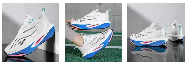 Carbon Plate Running Shoes, white with blue and pink accents, breathable training sneakers