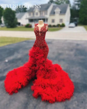 Red Long Prom Dress Beaded Crystal Mermaid Gown Customized High Slit