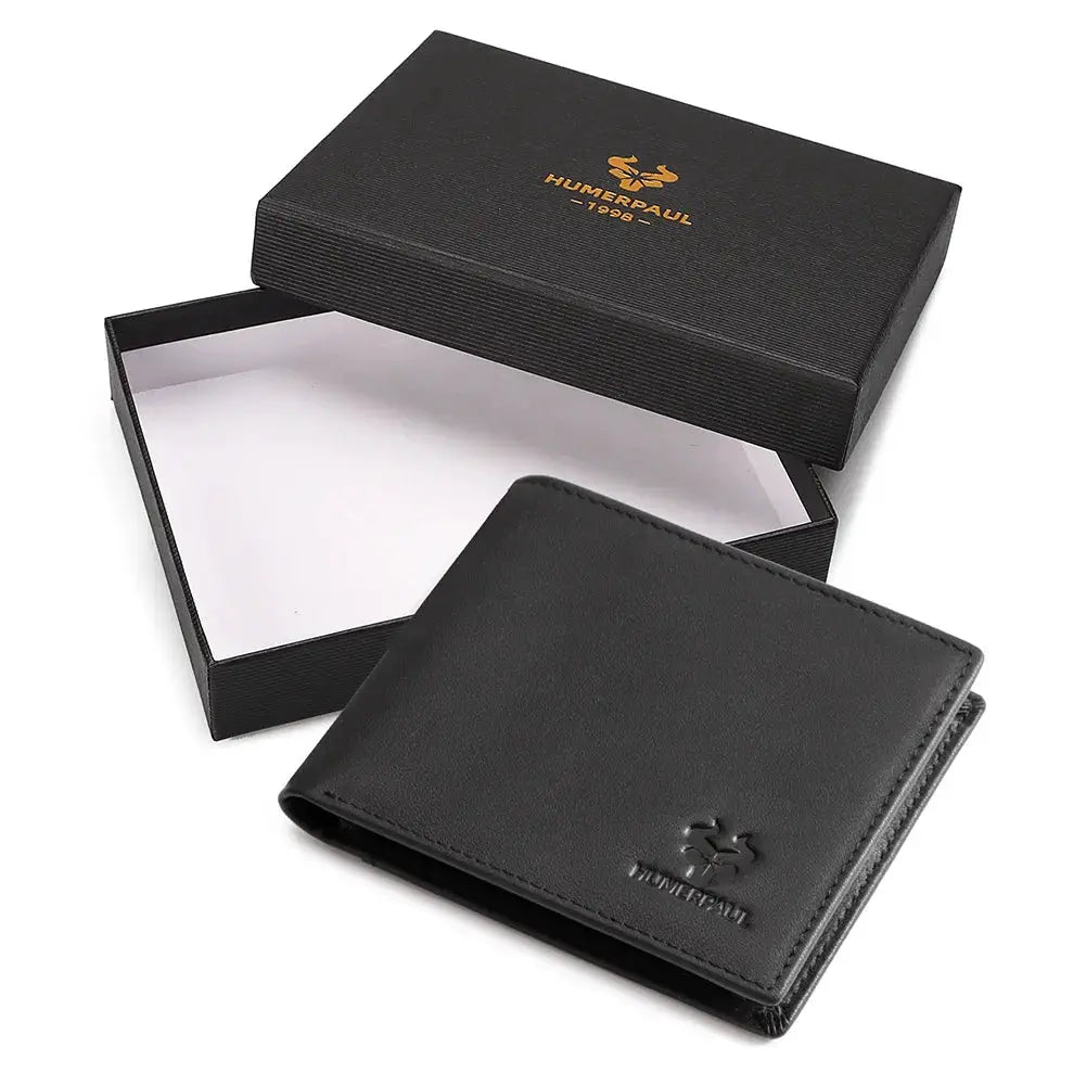 Black leather men's wallet with embossed HUMERPAUL logo, boxed for gifting