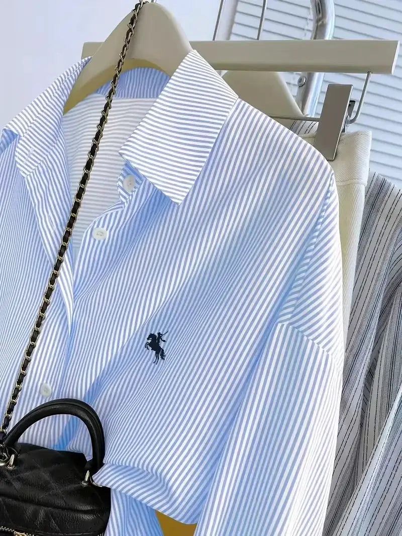Women's long-sleeve striped knight-print front-button blouse, blue and white, Simples Market