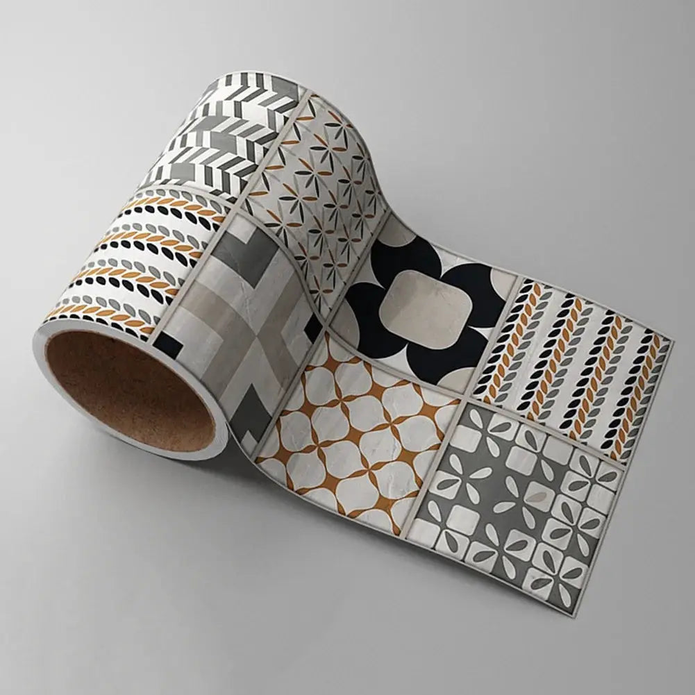 Self-adhesive wall sticker roll with geometric tile patterns in gray, white, black and mustard; waterproof decor