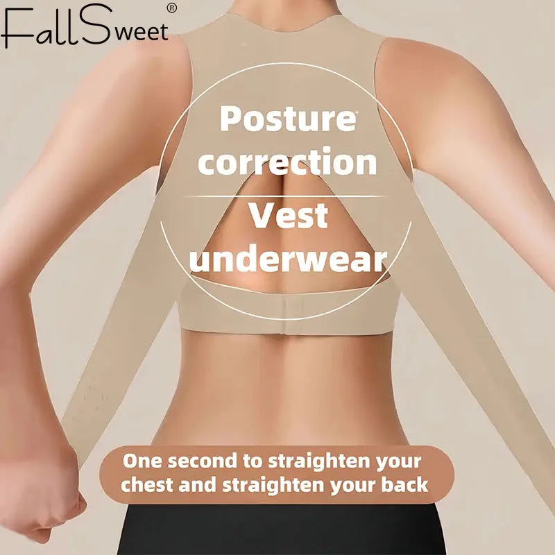 FallSweet wireless posture correction bra with cross-back support; beige seamless bralette by Simples Market