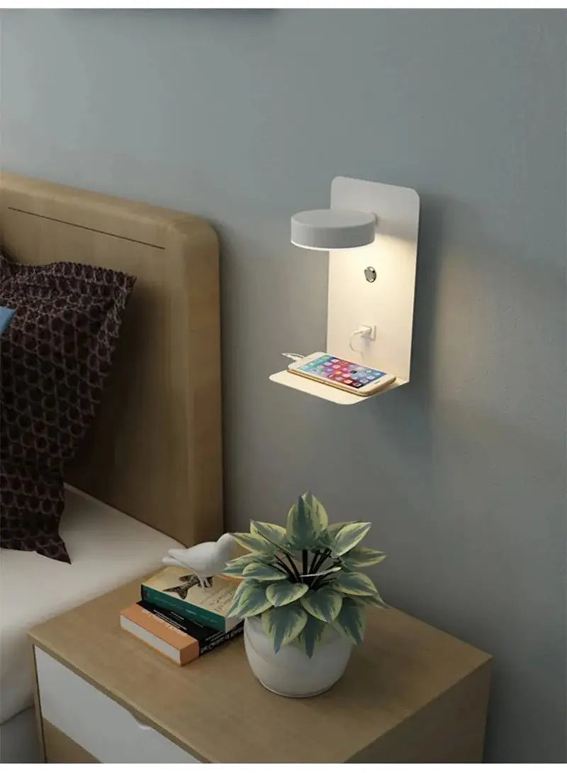 Bedroom LED wall lamp with USB charging port and small shelf, white modern wall sconce