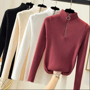 TrendWeave Zipper Half High Neck Knit Sweater Pullover For Women Autumn Winter Slim Solid Knitwear