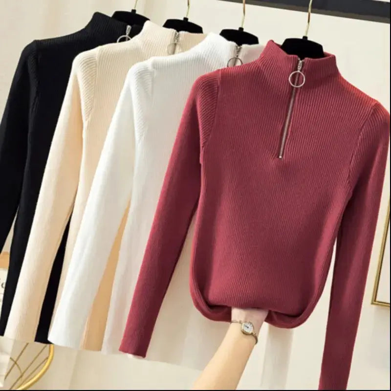 TrendWeave Zipper Half High Neck Knit Sweater Pullover For Women Autumn Winter Slim Solid Knitwear