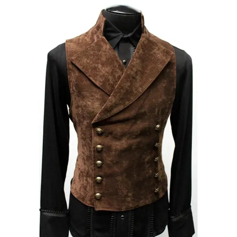 Mens gothic polyester double-breasted waistcoat over black shirt with brass buttons, Victorian style