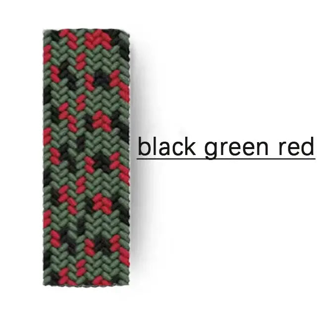 Apple Watch braided band in black, green and red pattern; fits 40–49mm sizes.