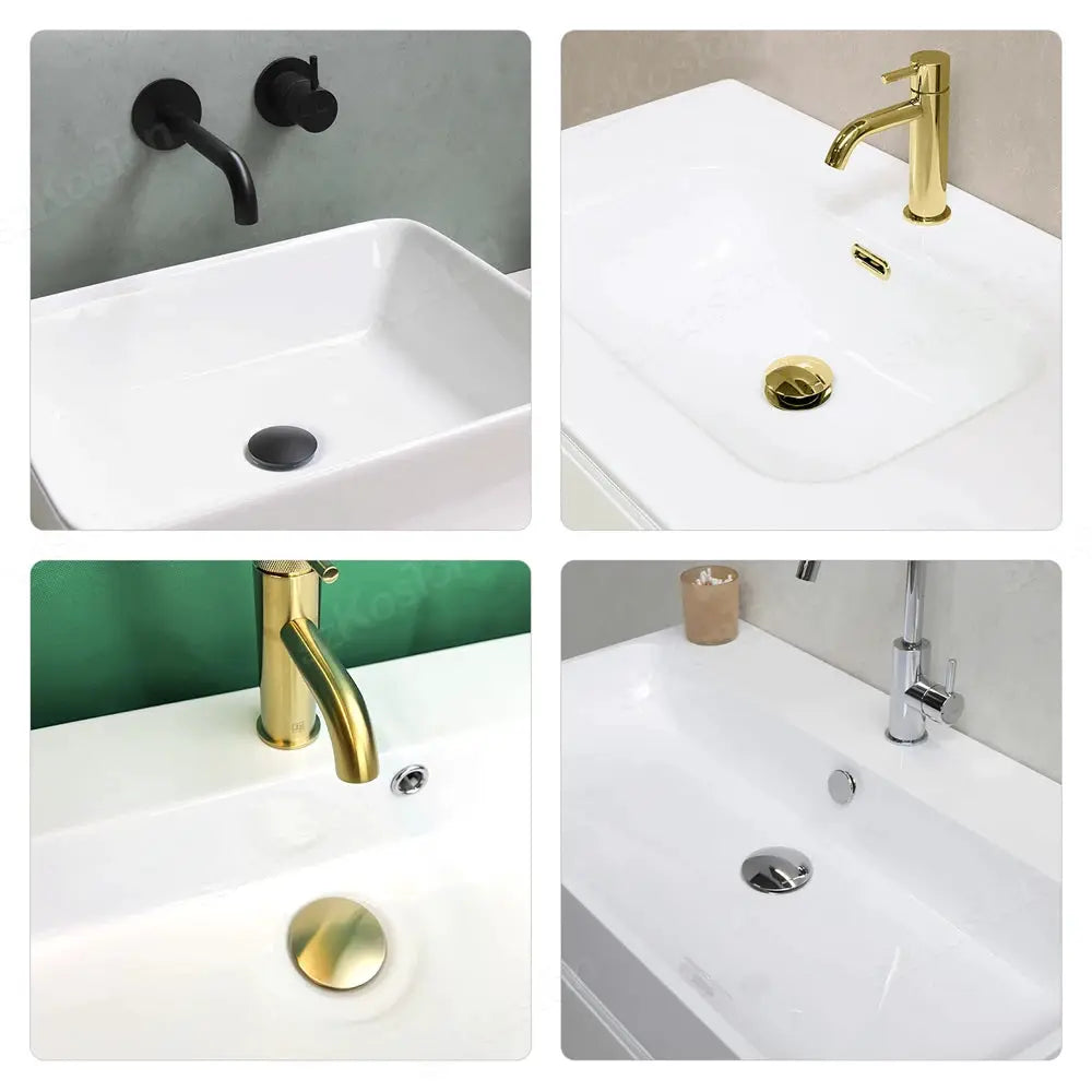 Simples Market four-piece pop-up sink drain stopper set for bathroom basins in gold, black, and chrome