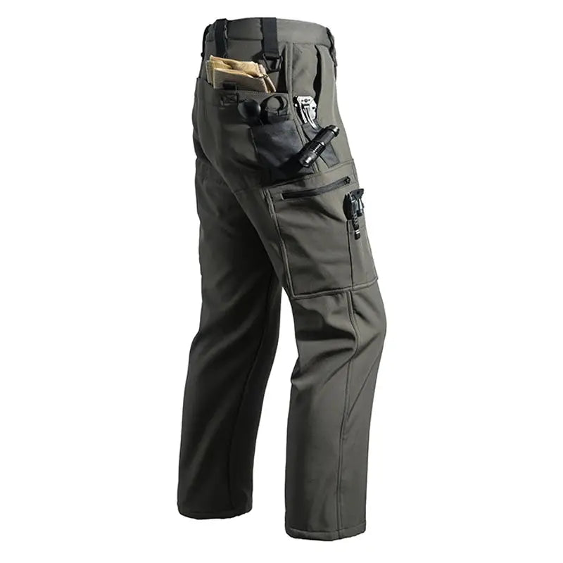 Men's cargo hiking pants by Simples Market, olive fleece-softshell with multiple tool pockets and zippers.