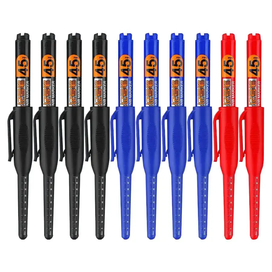Simples Market 10-pack waterproof long-head marker pens with 45mm tip in black blue red; quick-dry ink.
