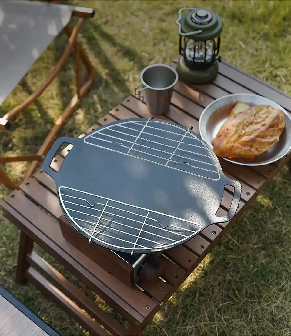 Round stainless steel camping barbecue grill rack with side handles