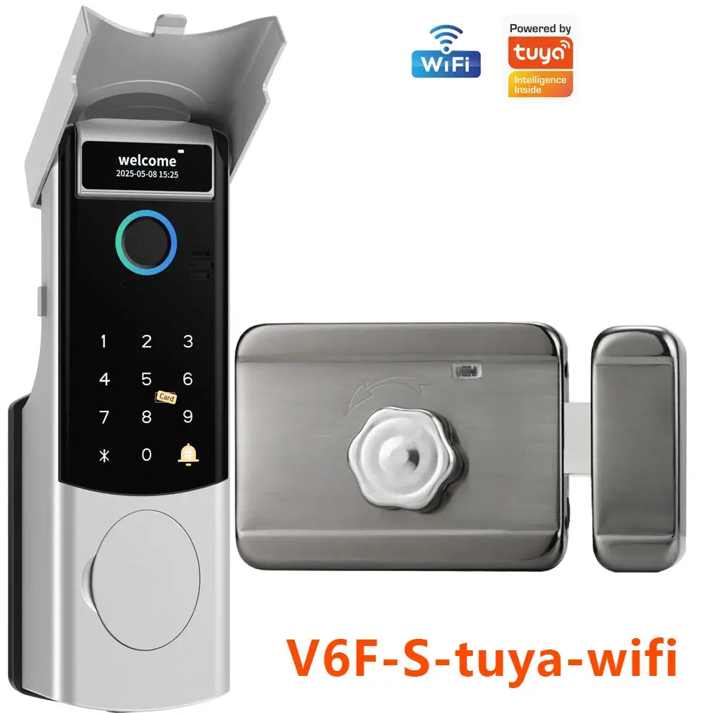 Simples Market V6F-S Tuya WiFi smart door lock with fingerprint sensor and RFID card access, silver finish