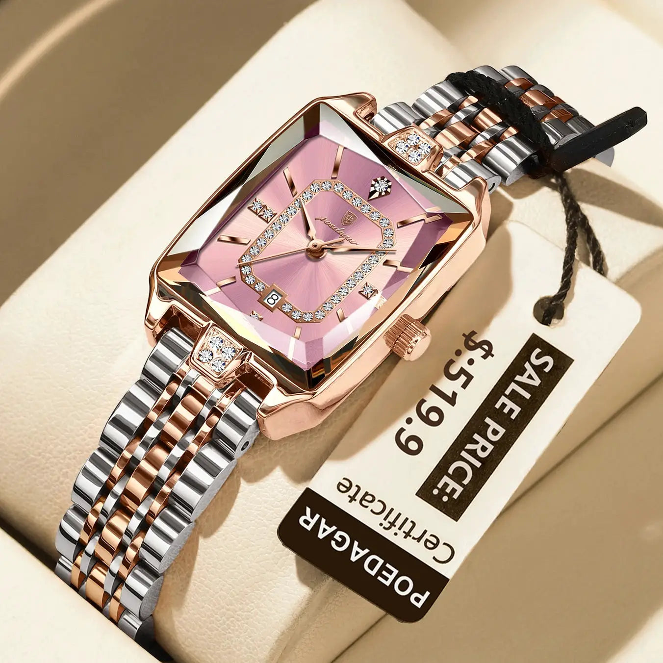 POEDAGAR ladies square watch with pink dial, rose-gold case, crystal accents, two-tone stainless steel band