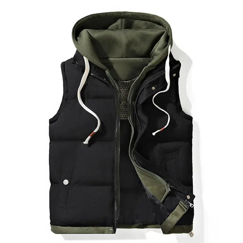 Hooded black puffer vest with olive-green hood, white drawstrings, and front zipper for casual winter wear.