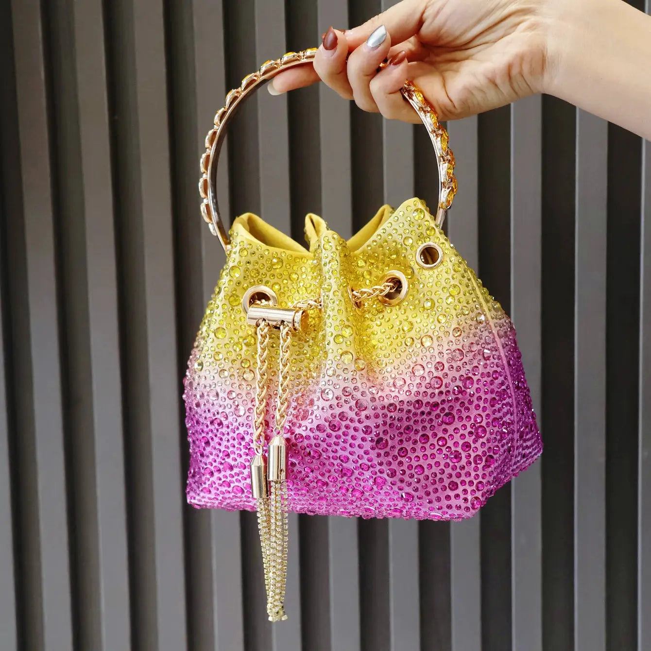 Simples Market gradient rhinestone evening clutch from yellow to pink with gold chain handle