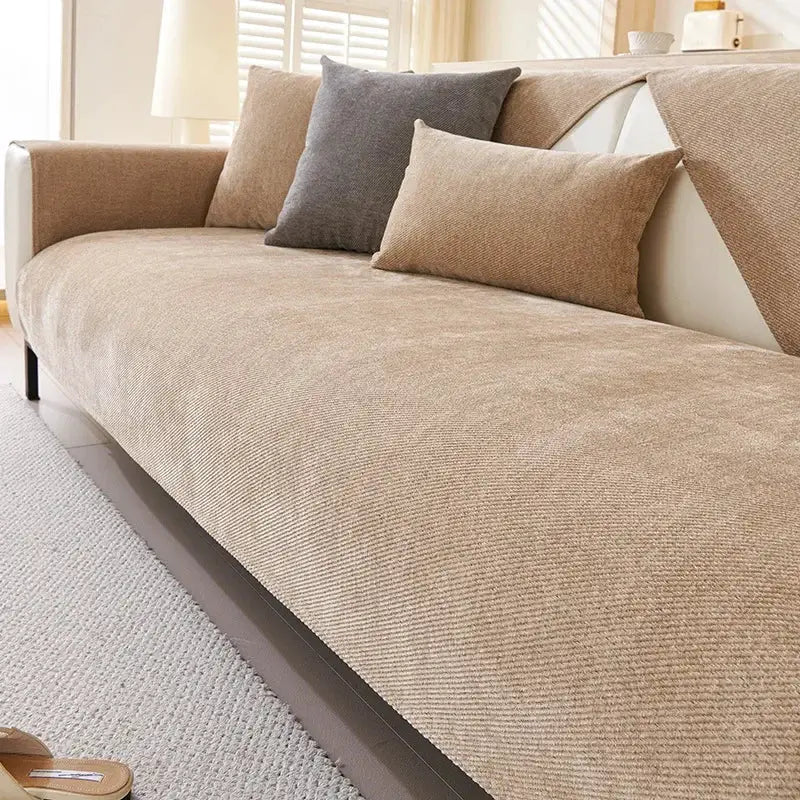 Chenille sofa cushion cover by Simples Market, solid beige, waterproof, four-season non-slip.