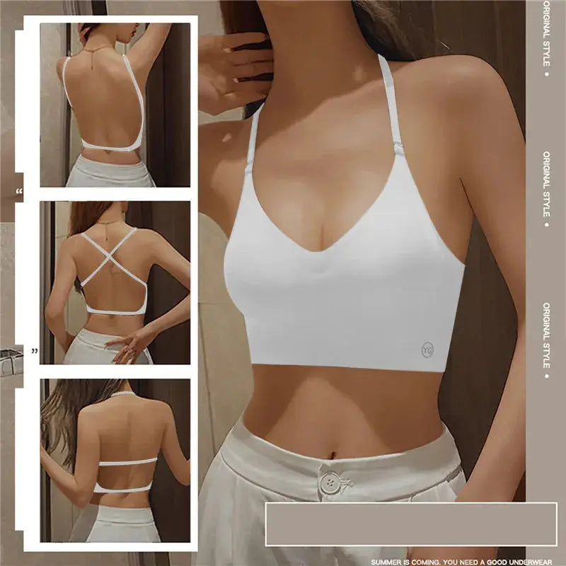 Women invisible bra white backless top with deep U plunge and transparent straps, Simples Market