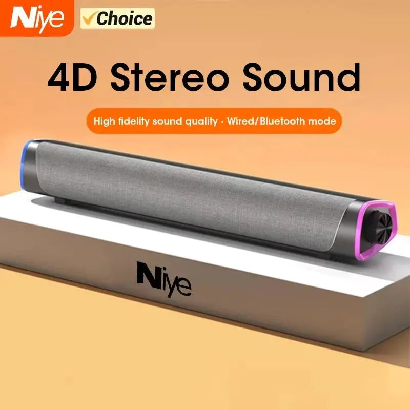 Niye Bluetooth speaker bar with USB wired option; gray fabric body, purple end cap, Niye logo on package