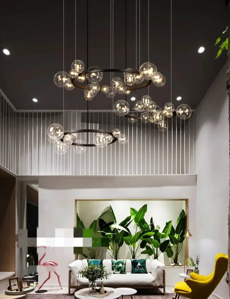 Simples Market Simple Chandeliers indoor lighting - two circular ring chandeliers with glass globes on adjustable cords