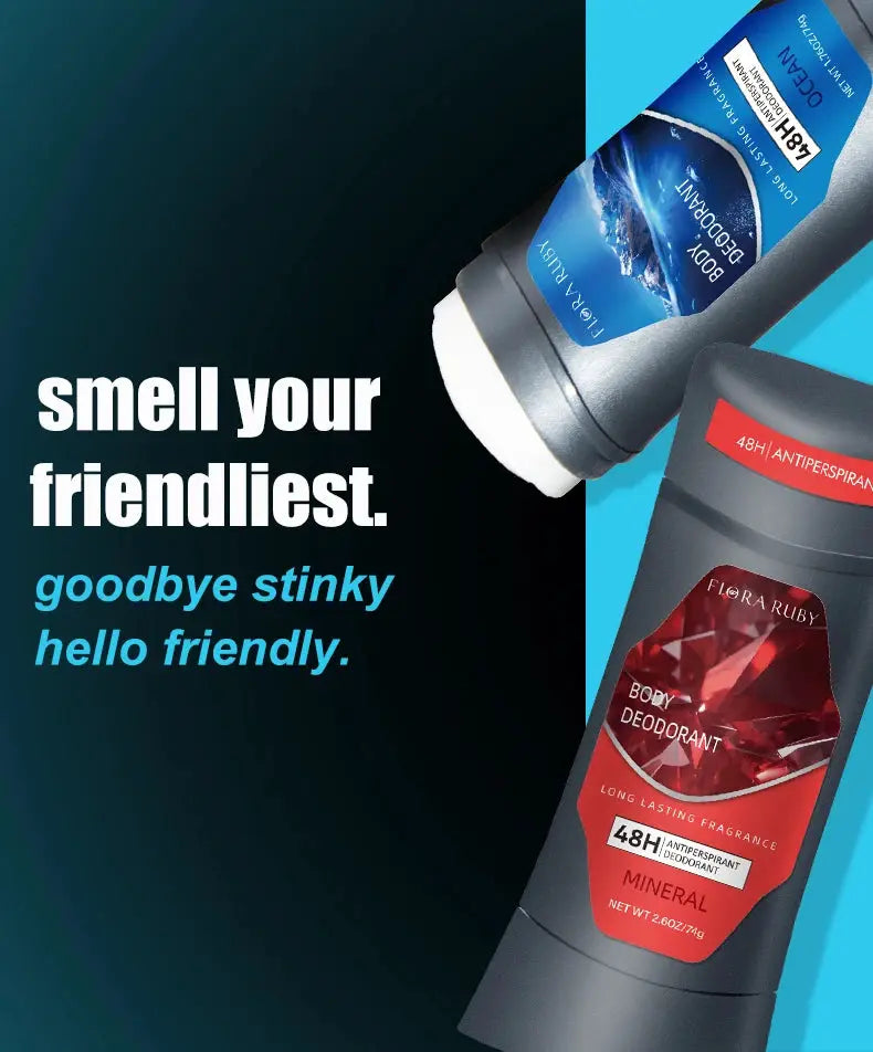 Simples Market body deodorant sticks, two gray bottles with blue and red labels, antiperspirant.