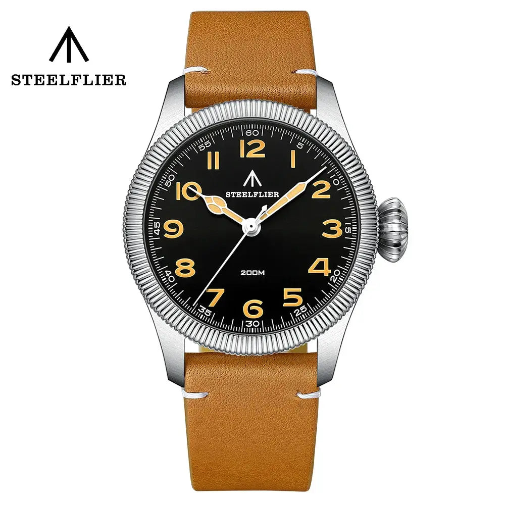 STEELFLIER SF741 watch with black dial, gold numerals, tan leather strap, stainless steel case, 200M water resistant