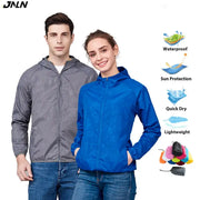 JNLN unisex hiking jacket, blue and gray, waterproof windbreaker, quick-dry; worn by two models.