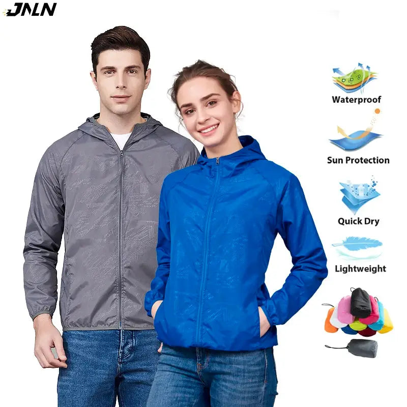 JNLN unisex hiking jacket, blue and gray, waterproof windbreaker, quick-dry; worn by two models.