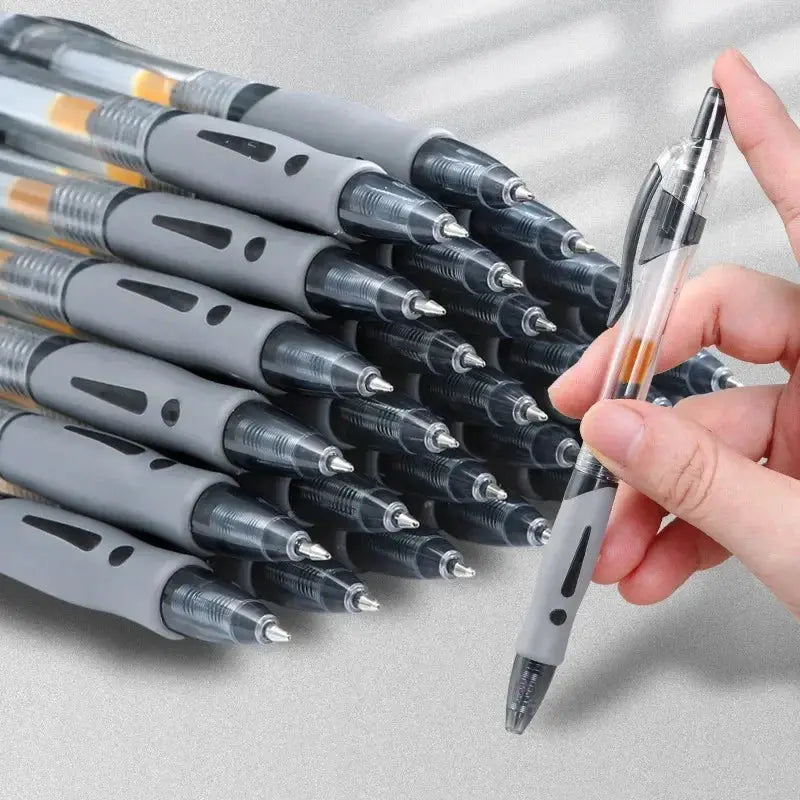 30pcs retractable gel pens set with gray bodies and black/blue/red ink.